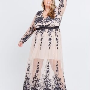 Arula "A Beautiful Soul" Lourdes Dress In Tan With Black Floral Embroidery